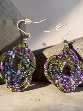 Handcrafted Purple & Green Beaded Hoop Earrings